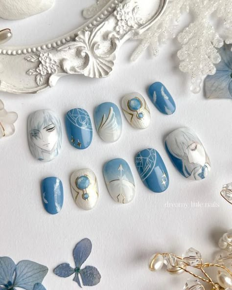 Cardcaptor Sakura Nails, White Attire, Clow Cards, Korean Nail Art, Anime Nails, Korean Nails, Japanese Nail Art, Pretty Gel Nails, Painted Nail Art