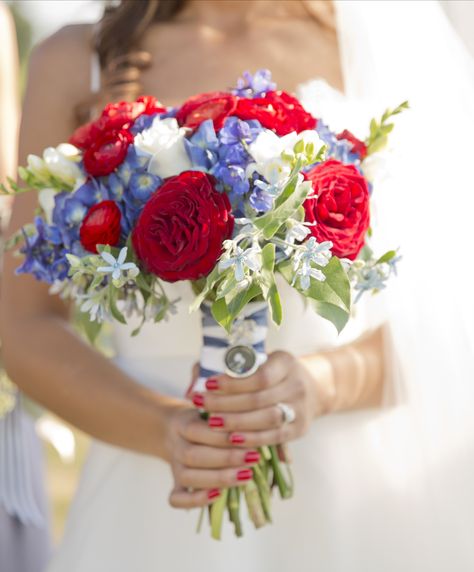 Red White Blue Wedding, Blue Red Wedding, Patriotic Wedding, White Flower Bouquet, Bridal Bouquet Blue, Red Bouquet Wedding, Blue Wedding Bouquet, Rose Bridal Bouquet, White And Blue Flowers