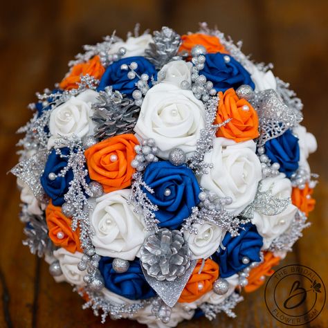 Royal Blue And Orange Wedding, Orange Quinceanera, Blue And Orange Wedding, Royal Blue And Orange, Orange Wedding Themes, Berry Wedding, Large Bouquet, Orange Bouquets, Ceremony Dress