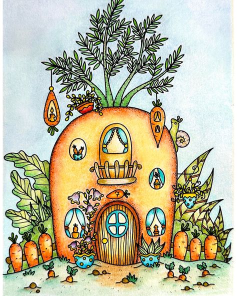 Bunny House no. 7🐰🥕…that carrot fence cracks me up! From the ever delightful Magical Tiny Houses 2 by Alexandra Dannenmann. Used Inktense, Brutfuner 520, Kalour 300, Obos, Zig Clean Color pens. Carrot House Drawing, Magical House Drawing, Fairy House Drawing, Cartoon Houses, Village Drawing, Watercolor Art Journal, Cartoon House, Bunny House, House No