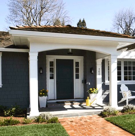 Small porch with a hipped roof. I like the roofline and the low arch, as well as the door color. Front Porch Addition, Patio Addition, Senior Apartments, Porch Addition, Building A Porch, Front Porch Design, Home Exterior Makeover, Hip Roof, Exterior Makeover