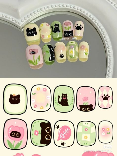 Short Nails Drawing, Hello Kitty Nails Ideas, Hello Kitty Nail Art Designs, Cat Themed Nails, Animal Crossing Nails, Straykids Nails, Genshin Nails, Kutek Disney, Cat Nail