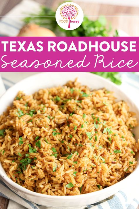 Texas Roadhouse Seasoned Rice, cooked in savory beef stock, offers a flavorful and slightly spicy kick. Its zesty seasoning and rich, beefy undertones make it a deliciously bold side dish. Texas Roadhouse Rice, Roadhouse Rice, Texas Roadhouse Seasoned Rice, Shrimp Side Dish, Rice Recipes Side, Seasoned Rice Recipes, Restaurant Dishes, Texas Roadhouse, Seasoned Rice