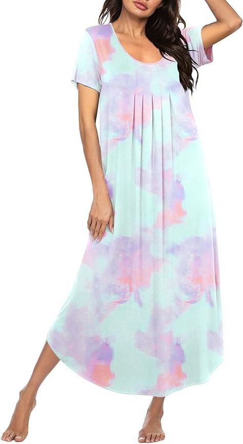 Ekouaer Long Nightgowns for Women Pleated Sleepwear Short Sleeve House Dress Full Length Loungwear Charming Rose XXL at Amazon Women’s Clothing store Long Nightgown, Garden Beach, Plus Size Sleepwear, Flower Shorts, Women's Nightgowns, Nightgowns For Women, Sleep Dress, Lounge Dress, House Dress