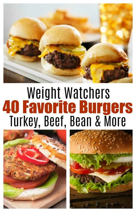 A favorite collection of 40 healthy, flavorful Weight Watchers Burger Recipes - beef, pork, turkey, chicken, seafood and vegetarian - with SmartPoints! #ww #weight_watchers #easy #healthy #recipes #smartpoints #hamburger #turkey_burgers #bean #vegetarian #family_friendly Turkey Feta Burgers, Recipes For Weight Watchers, Pork Burgers Recipes, Vegetarian Burger Recipe, Healthy Burger Recipes, Vegetarian Burgers, Burgers Recipes, Easy Burger Recipe, Grilled Turkey Burgers