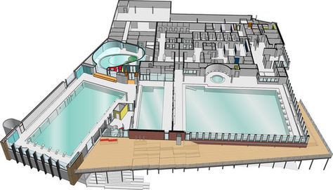 Indoor Swimming Pool for Sundbyberg,Axonometric Plan Stadiums Architecture, Pool Design Plans, Swimming Pool Plan, Leisure Centre, Indoor Swimming Pool Design, Urban Design Competition, Stadium Architecture, Gym Plan, Piscina Interior