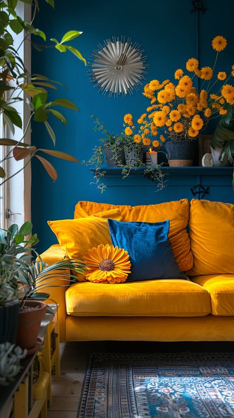 Navy Yellow Living Room, Small Room Colors, Small Space Living Hacks, Space Saving Ideas For Home, Clever Furniture, Bungalow Ideas, Boho Space, Yellow Sofa, Small Living Room Ideas