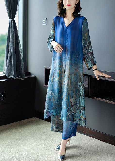 Women Sets Two Pieces, Wide Leg Pants Women, Print Silk Dress, Long Sleeve Outfits, Short Summer Dresses, Half Sleeve Dresses, Silk Print Dress, Summer Dress Outfits, Blue V