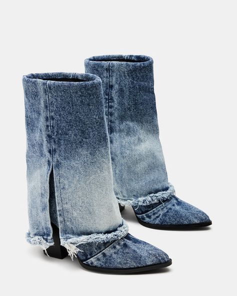 Steve Madden Denim Boots, Jean Boots Outfit, Denim Boots Outfit, Wide Calf Thigh High Boots, Fabric Boots, Bold Statements, Steve Madden Store, Boot Pulls, Shoes Steve Madden