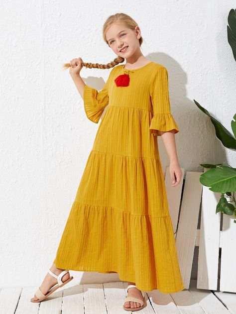 Free Returns ✓ Free Shipping On Orders $49+ ✓. Girls Flounce Sleeve Tassel Detail Smock Dress- Girls Dresses at SHEIN. Frill Frocks For Kids, Muslimah Inspiration, Long Frock Designs For Girl Casual, Ruffle Sleeve Dress Kids, Dress For Kids Flared Sleeve., Yellow Frocks For Kids, Fancy Summer Dress, Girls Smocked Dresses, Kids Fashion Clothes