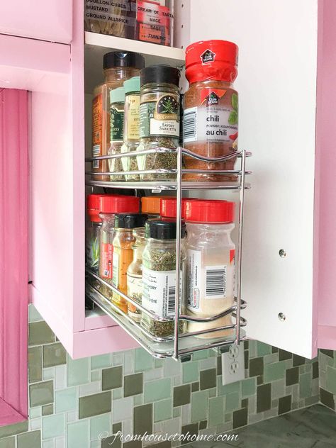 Narrow Spice Rack, Narrow Pull Out Spice Cabinet, Narrow Spice Cupboard Organization, Pull Out Spice Organizer, Seasoning Pull Out Cabinet, Slim Cupboard Storage, Narrow Kitchen Cabinet Storage Ideas, Narrow Kitchen Cupboard Ideas, Narrow Upper Cabinet Storage Kitchen