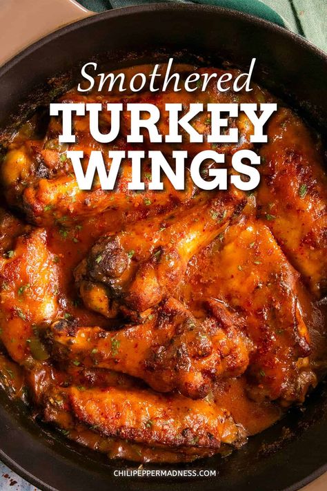 Smothered turkey wings are a southern classic dish of turkey wings smothered and slowly simmered in a rich gravy until tender and flavorful, so comforting. Barbecue Turkey Wings, Smoked Smothered Turkey Wings, Turkey Wings And Dressing, Slow Cooker Smothered Turkey Wings, Turkey Wings And Legs Recipes, Stew Turkey Wings Recipes, Turkey Legs And Wings Oven Baked, Soul Food Turkey Wings, Turkey Wings Recipe Soul Food Crock Pot