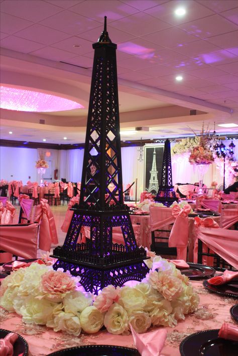 Paris Theme Flower Centerpieces, Pink And Black Paris Theme Party, Paris Themed Tablescapes, Paris Theme Wedding Decorations, Night In Paris Theme Party Sweet 16, Paris Sweet 16 Decorations, Paris Themed Sweet 16 Party, Night In Paris Theme Party Decorations, Paris Theme Sweet Sixteen