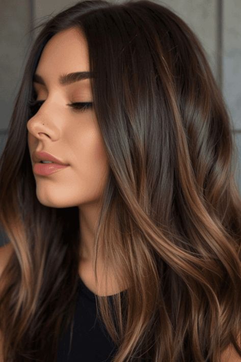 caramel hues, brown hair, hairstyles Caramel On Black Hair, Adding Dimension To Brown Hair, Black Hair With Warm Highlights, Hairstyles For Brown Hair, Carmel Brown Hair, Caramel Highlights On Brown Hair, Hair Trends 2024, Rich Brunette Hair, Deep Brown Hair