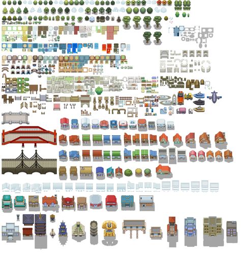 Pokemon Tileset From Public Tiles by ChaoticCherryCake Pokemon Tilesets, Water Dungeon, Game Tilesets, Pokemon Towns, Rpg Maker Vx, Sprite Art, Game Maker, Isometric Map, Video Game Sprites