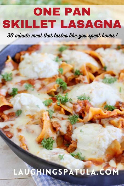 Skillet Lasagna - A one pan meal in 30 minutes! One Pan Lasagna Skillet, One Pan Lasagna, Lasagna Skillet, Pan Lasagna, Homemade Cheeseburgers, Skillet Lasagna, One Pan Meal, Traditional Lasagna, Beef Casserole Recipes