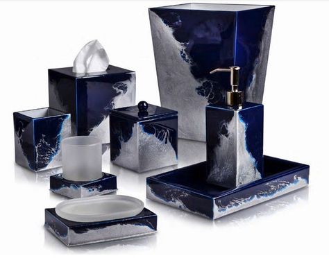 Bathroom Sets Bath Accessories, Silver Bathroom Decor, Navy Blue Bathrooms, Silver Bath, Blue Bathroom Accessories, Black Bathroom Decor, Silver Bathroom, Blue Bathroom Decor, Tray Styling