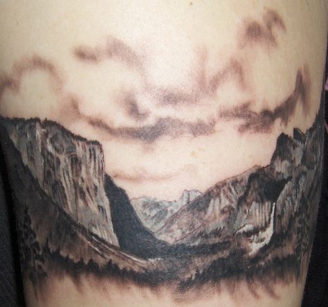 Yosemite Valley Tattoo by ~GeocachingOdder on deviantART Mountain Valley Tattoo, Yosemite National Park Tattoo, Yosemite Tattoo Ideas, National Parks Tattoo, Valley Tattoo, Yosemite Tattoo, Mountain Sleeve Tattoo, Colorado Tattoo, Hiking Tattoo