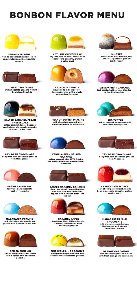 BONBON FLAVORS | Bliss Chocolatier Chocolate Bon Bon Flavors, Chocolate Truffle Ideas, Bon Bons Recipe Candies, How To Make Chocolate Bonbons, Bon Bon Flavors, How To Make Bon Bons, Gourmet Chocolate Bars, Chocolate Sculptures Ideas, Handmade Chocolates Recipes