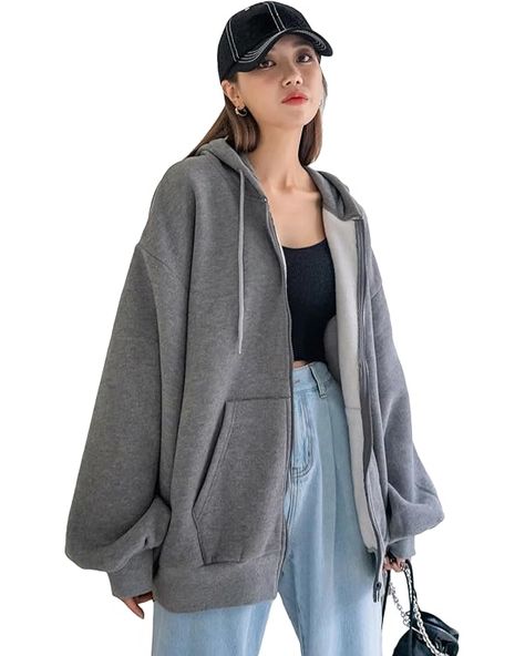 SweatyRocks Women's Causal Drop Shoulder Long Sleeve Sweatshirts Oversized Full Zip Solid Hoodie with Pocket Grey S at Amazon Women’s Clothing store Sweatshirts Oversized, Solid Hoodie, Fashion Hoodies, Amazon Women, Long Hoodie, Long Sleeve Sweatshirts, Zip Up, Drop Shoulder, Hoodie Fashion