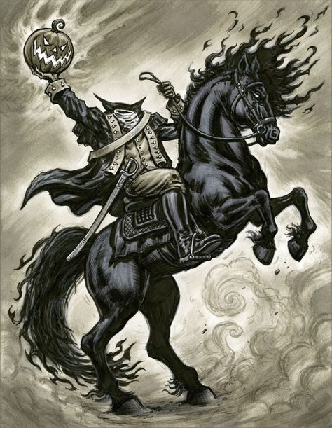 Headless Horseman Drawing, Sleepy Hollow Headless Horseman, The Legend Of Sleepy Hollow, Legend Of Sleepy Hollow, Headless Horseman, Witchy Wallpaper, Halloween Artwork, Bristol Board, Horse Tattoo