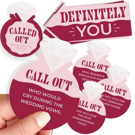 [Promotion] Called Out Bachelorette Edition Party Game: Get Ready To Point, Laugh, And Vote As You Race To Collect The Most Cards And Claim The Title Of Ultimate Most Likely To Be Called Out Person! Quick And Easy Setup: Simply Shuffle The Deck, Distribute The Arrows, And You're Ready For 30  Minutes Of Bridal Shenanigans; Ages 21 . Just Need A Minimum Of 9 Players! How To Play: Have Each Player Chose An Arrow. Take Turns Reading A Card Aloud. Count To 9 #spookybachelorettepartygames Bachelorette Card, Game Bachelorette Party, Diamond Ring Shape, Bachelorette Party Games Drinking, Bridal Shower Activity, Bachelorette Party Game, Party Card Games, Bridal Shower Activities, Wild Night