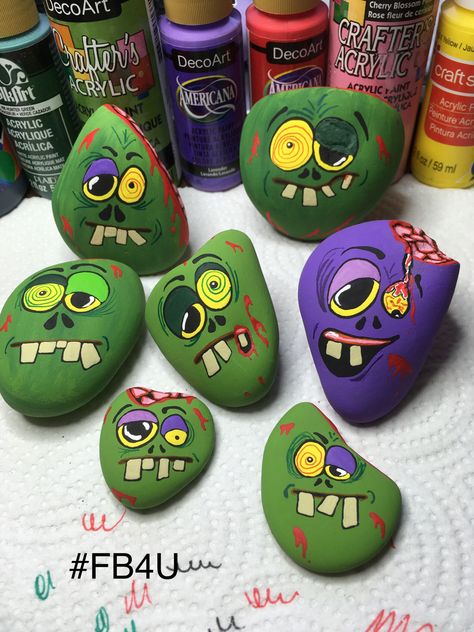 Funny Painted Rocks Ideas, Halloween Pebbles, Decorative Hangings, Zombie Painted Rocks, Halloween Stones, Monster Rocks Painted, Haunted House Rock Painting, Halloween Pebble Painting, Scary Rock Painting