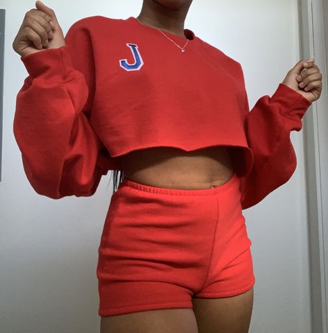 Skater Outfit, Iron On Letters, Boujee Outfits, Crop Top Sweater, Red Shorts, 2 Piece Set, Sweater Hoodie, 2 Piece, White Shorts