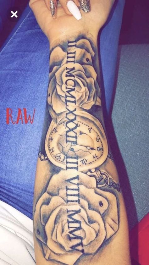 roses-pocket-watch-roman-numerals-translation-jeans-white-top-long-nails Tumblr Tattoo, Roman Numeral Tattoos, Snakebites, Forarm Tattoos, Tattoo Zeichnungen, Men Tattoos, Roses Tattoo, Inspiration Tattoos, Dope Tattoos For Women