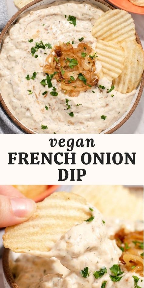 This creamy vegan French onion dip is dairy-free, nut-free, and made with sweet caramelized onions and silken tofu. It's perfect as a party appetizer or sandwich spread! Vegan Spreads, Onion Dip Recipe, Vegan Dips, Vegan French, Vegan Party Food, French Onion Dip, Vegan Dip, Healthy Vegan Snacks, Onion Dip