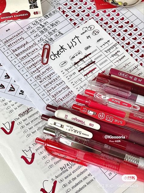 Red Pens Aesthetic, Red Pen Aesthetic, Red School Supplies Aesthetic, Red Stationary Aesthetic, Red Notes Aesthetic, Study Red Aesthetic, Study Supplies Aesthetic, Korean School Supplies Aesthetic, Red Study Aesthetic