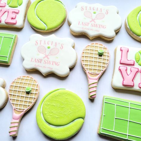 When you are a bride-to-be and a tennis lover. #tenniscookies #lastswingbeforethering #hencookies #henparty #bachelorettecookies #decoratedsugarcookies #decoratedbiscuits #cookiesireland #cookiesdublin #dublincookies #customcookiesireland #tennis Tennis Cookies, 26 Birthday, Bachelorette Cookies, Tennis Party, 26th Birthday, Ball Party, Pickle Ball, Custom Cookies, Sugar Cookies Decorated