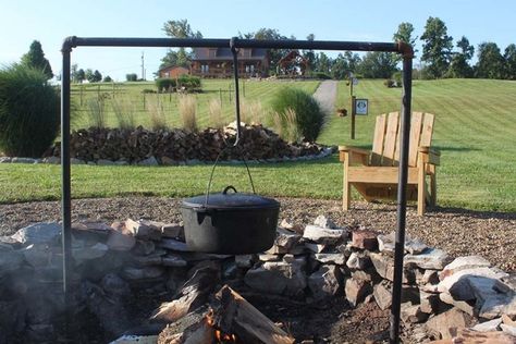 The DIY Open Fire Cooking Bar - A Simple Solution For Fire Pit Cooking! Wood Fire Cooking, Pit Cooking, Backyard Fire Pits, Fire Pit Cooking, Gardens Backyard, Small Fire Pit, Open Fire Cooking, Beautiful Outdoor Living Spaces, Fire Pit Landscaping