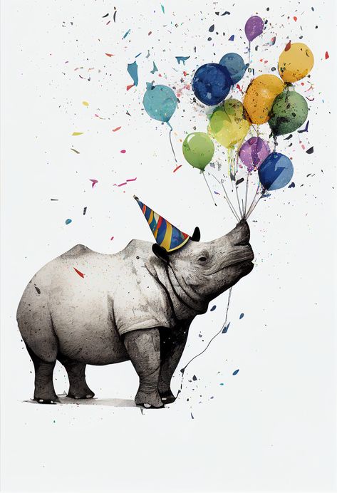 Rhino Birthday Party, Happy Bday Message, Happy Birthday Animals, Birthday Animals, Watercolor Party, Animals Party, Funny Postcards, Zoo Party, Colorful Balloons