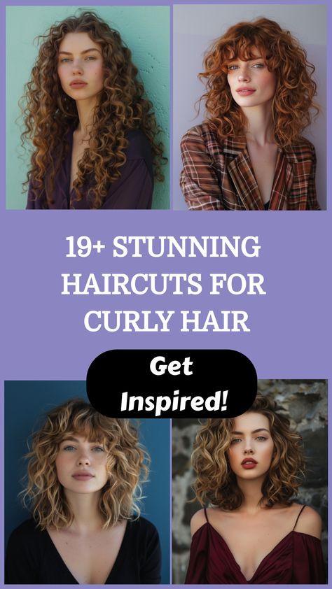 Collage of four women with various curly hairstyles, promoting haircuts for curly hair. Curly Hairstyles Asian Women, Collarbone Curly Haircuts, Curly Haircuts Middle Part, Haircut Ideas For Wavy Hair For Women, Shag 2c Hair, Curly Hairstyles Square Face, Curly Haircuts For Oval Face, Curl Hair Haircut, 2c Curls Haircut