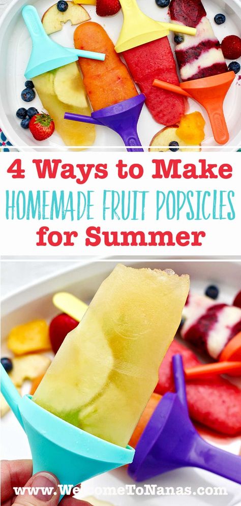 4 Ways to Make Homemade Fruit Popsicles for Summer molds fruit juice and fruit into yummy and healthy popsicles using 4 simple recipes. Score! #WelcometoNanas #HowToMakePopsicles #MakeYourOwnPopsicles #SummerDessert #PopsiclesforKids Fruit Popsicle Recipes, Homemade Fruit Popsicles, Healthy Summer Snacks, Summer Popsicles, Healthy Popsicles, Easy Snacks For Kids, Yogurt Popsicles, Fruity Treats, Fruit Popsicles