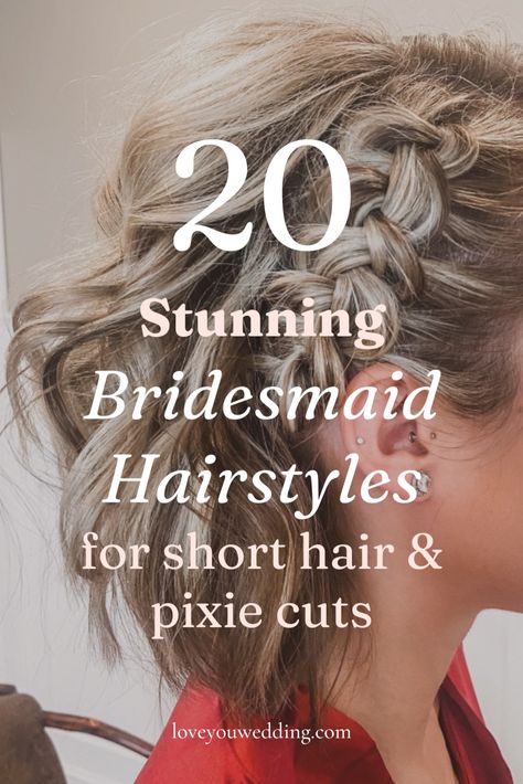 Find the perfect bridesmaid hairstyles for short hair with our collection of 20 stunning short bridesmaid hair ideas for wedding updos, half up half down, long wedding hair, and more, we have the best wedding hair ideas for pixie cuts, short hair, chin length hair, or shoulder length hair. These short wedding hairstyles are the perfect bridesmaid hairstyle inspiration for your wedding day beauty. Half Up For Shoulder Length Hair, Formal Short Hairstyles Classy, Bridesmaid Hairdo For Short Hair, Formal Hairstyles For Chin Length Hair, Bridesmaid Short Hairstyles Half Up, Bridesmaids Hair For Short Hair, Mid Length Bridesmaid Hair Half Up, Bridesmaid Hair Short Length, Wedding Hairstyles For Short Bob