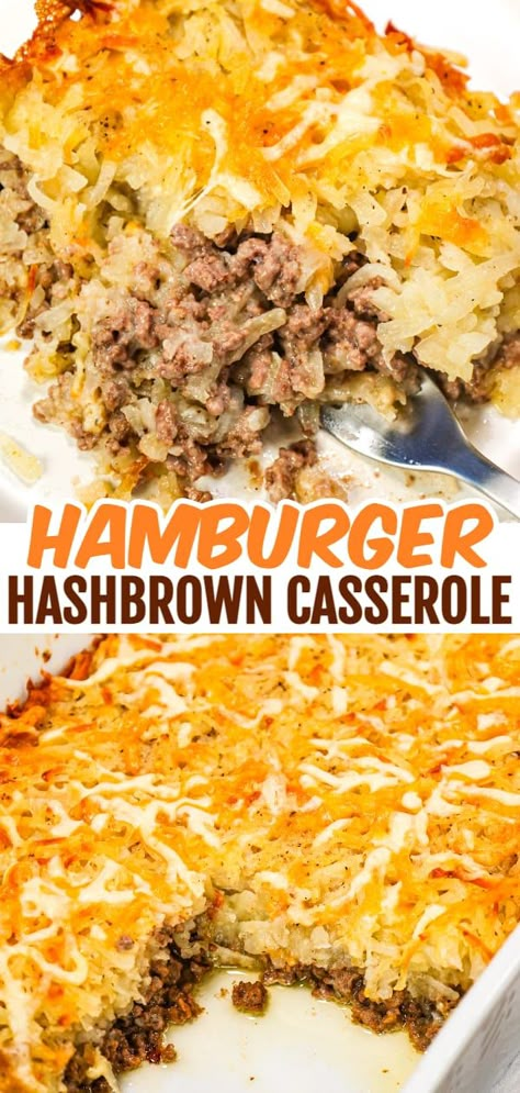 Turkey Hashbrown Casserole Recipes, Hamburger Hash Brown Casserole, Hamburger Hashbrown Casserole, Hamburger Hashbrown, Shredded Hashbrown Recipes, Hamburger Hash, Easy Ground Beef Dinner, Easy Ground Beef Casseroles, Cheesy Ground Beef