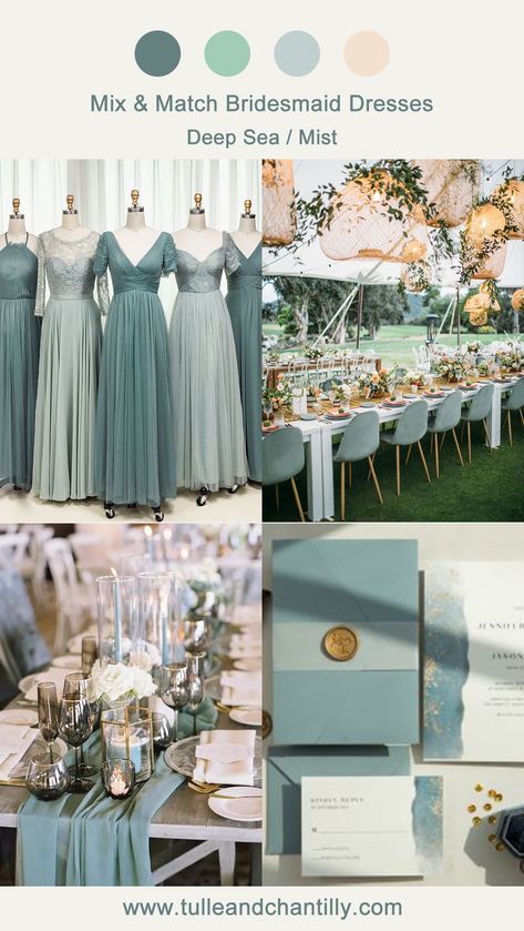 Sea Green Wedding Theme, Deep Sea Wedding Color, Sea Glass Wedding Color Palette, Deep Sea Wedding, Seaglass Bridesmaid Dresses, Greens And Blues Palette Wedding, Blue/green Bridesmaid Dress, Sea Glass Bridesmaid Dresses, Seaglass Bridesmaids