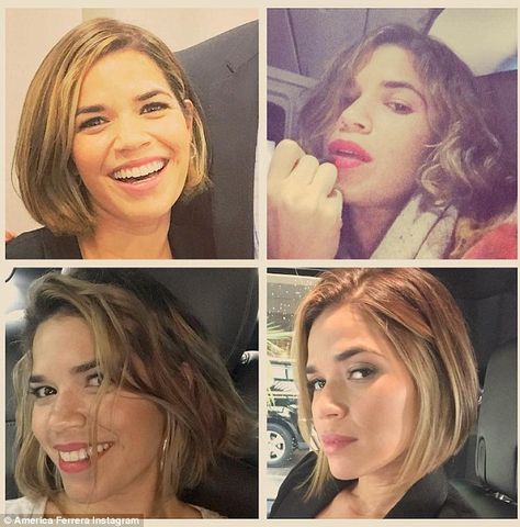 Blonde beauty! America Ferrera has gone to the lighter side, having debuted both a new colour and cut on Instagram America Ferrera Hair, Chelsea Houska Hair, Hair Pic, My New Haircut, America Ferrera, Dark Hair With Highlights, New Haircut, Hairstyles Short Hair, Long Red Hair