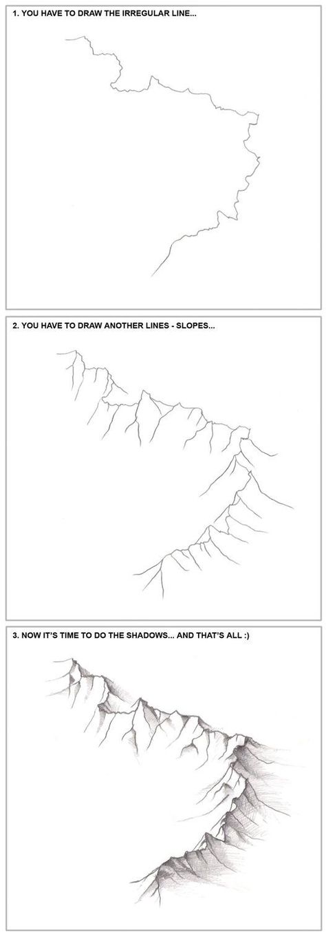 3 steps - How to draw the mountains... by ~fragless on deviantART see it @art ed central :) Lips Drawing, Landscape Designs, Fantasy Map, Art Instructions, Drawing Lessons, Drawing Tutorials, Art Tutorial, Simple Art, Manga Drawing