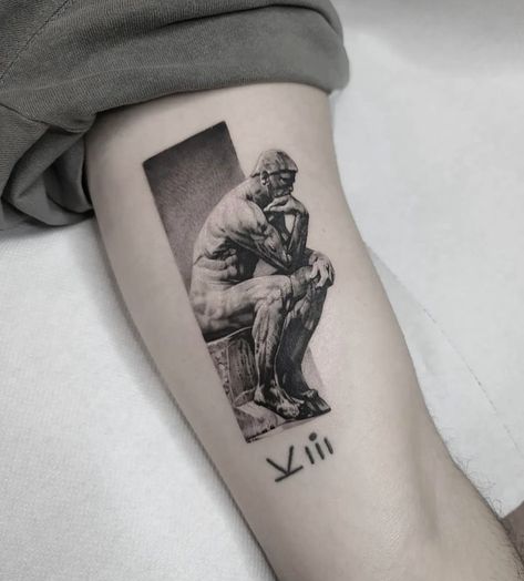 Thinker Tattoo, The Thinker Statue, Statue Tattoo, The Thinker, Greek Tattoos, Hand Tattoos For Guys, Unique Tattoo, Unique Tattoos, Hand Tattoos