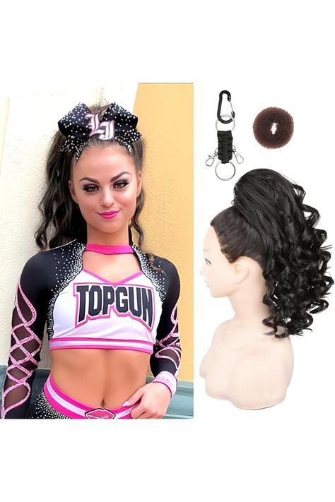 SEIKEA Cheer Ponytail Hair Piece, 12&#34; Black Brown Curly Cheerleader Hairpiece Ponytail Extension for Cheerleader Competition, Dance Cheer High Ponytail, Cheerleader Ponytail, Cheerleader Competition, Cheer Ponytail, Cheer Hairstyles, Competition Hair, Ponytail Hair Piece, Competition Dance, Cheer Hair