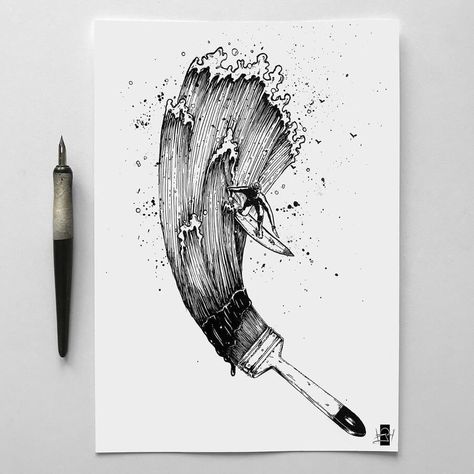 Painting surfing waves. Fantasy and Surreal Ink Drawings. Click the image, for more art from Rudoi. Ink Drawing Ideas, Fineliner Art, Brush Drawing, Drawing Faces, Sketchbook Drawings, Portrait Paintings, Fashion Sketch, Art Brushes, Ink Illustrations