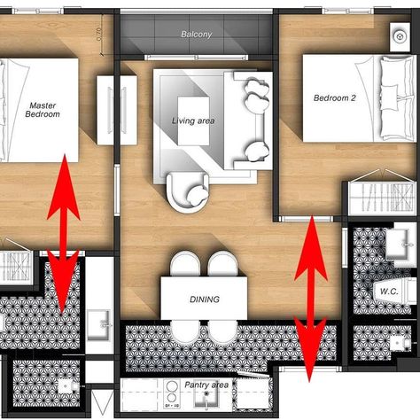 Feng Shui Tips Condo Layout: 1. The toilet door is in a straight line to the bed. It results in sickness who sleeps there. Try to block with a screen. 2. The entrance door is also in a straight line with the second bedroom. Too much Qi from outside can enter into the bedroom to cause health issues. 3. The toilet is located right next to the front door. Summary: With this layout a lot of Health problems are foreseen #health #Feng #fengshui #Fengshuitips #fengshuibalanz #design #interiordesign #be Good Feng Shui Bedroom Layout, Feng Shui Kitchen Layout, Feng Shui Living Room Layout, Condo Layout, Feng Shui House Layout, Feng Shui Layout, Bad Feng Shui, Feng Shui Directions, Feng Shui Apartment