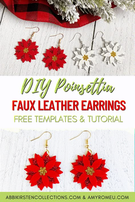 Faux Leather Earrings Cricut Svg Free, Diy Western, Poinsettia Earrings, Cricut Christmas Ideas, Diy Leather Earrings, Diy Leather Projects, Birthday Card Handmade, Glitter Heat Transfer Vinyl, Earrings Tutorial