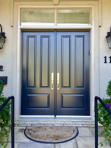 French Doors Main Entrance, Modern Wooden Double Doors Entrance Front Entry, Solid Double Front Doors, Wooden Double Front Doors Modern, Front Double Door Ideas, Entrance Double Door, Amberwood Doors, Pintu Ganda, Double Door Entryway