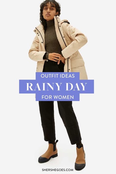 Rainy Day Outfits Rainy Day In Europe Outfit, Rainy Day Outfit For Teachers, Travel Outfits For Rainy Weather, Rainy Day Outfit Ireland, Rainy Day Lunch Outfit, Rainy Winter Outfit Cold Weather, Rainy Day Outfit 2023, Rainy Day Going Out Outfit, Rainy Day Seattle Outfit