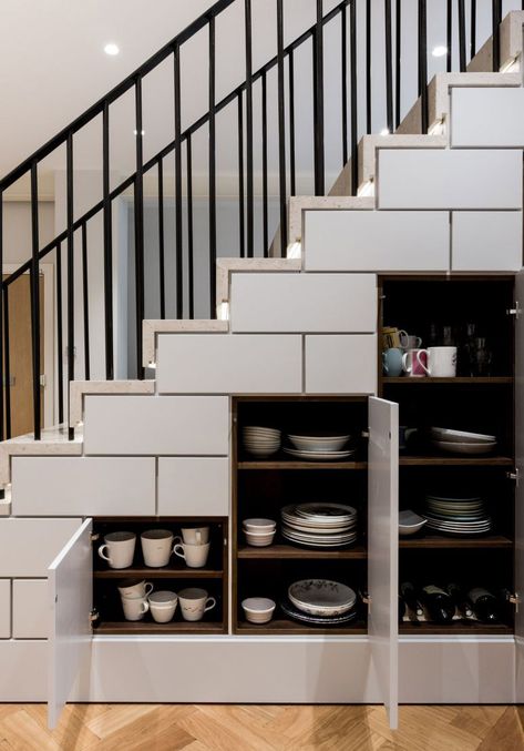 If you just don’t have enough space for storage in your kitchen, what not use under the stairs for your crockery and even bottles of wine? What a fabulous design by bespoke kitchen company Roundhouse, www.roundhousedesign.com. Photo: Billy Bolton #understairstorage #storage #stairs #storagesolutions Kitchen Cabinets Under Stairs, Cabinet Under Stairs, Small Pantry Closet, Kitchen Under Stairs, Crockery Cabinet Design, Under Stairs Storage Solutions, Crockery Cabinet, Kitchen Loft, Crockery Unit Design