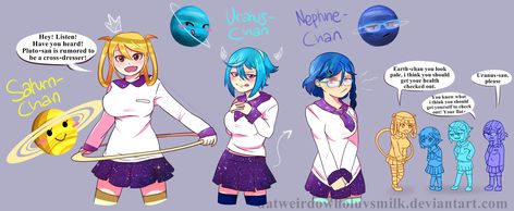 Concept art for Saturn, Uranus and Neptune | Earth-chan | Know Your Meme Planets As Humans, As Humans Art, Uranus And Neptune, Earth Chan, Space Anime, Planet Comics, As Humans, Kid Friendly Travel Destinations, Anime Version